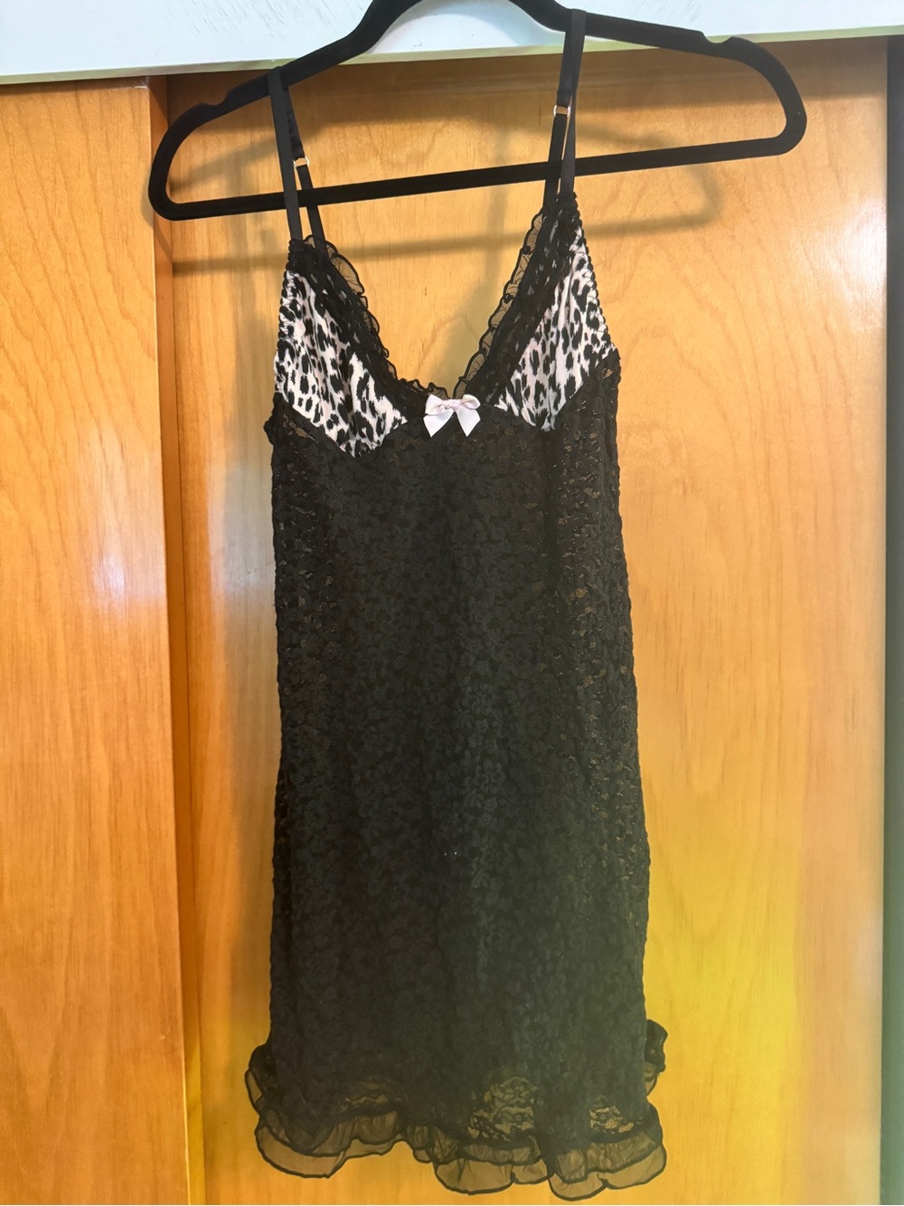 Victoria’s Secret Black Lace Chemise Nightdress with Leopard Print Accents
